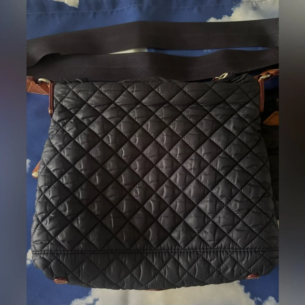 MZ Wallace Black Quilted Nylon Crossbody Bag with Brown Leather Accents
